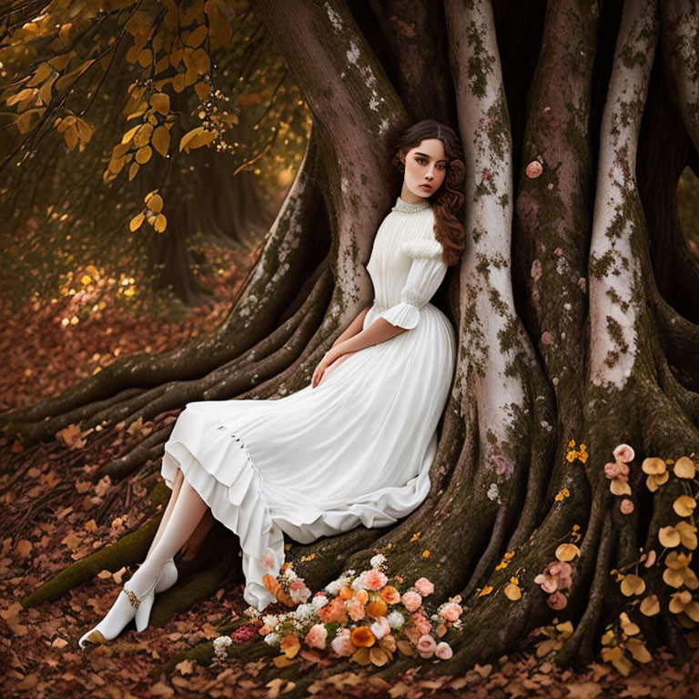 Woman in white dress beside ancient tree in autumn setting