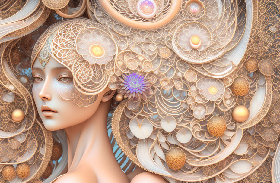 Ethereal digital artwork featuring woman with ornate patterns