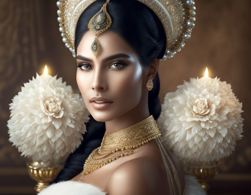 Regal woman with gold jewelry and headdress, surrounded by white flowers and candles