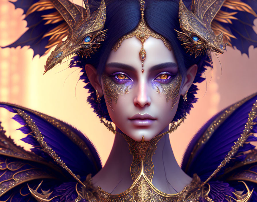 Fantasy portrait featuring character with purple skin and golden headdress