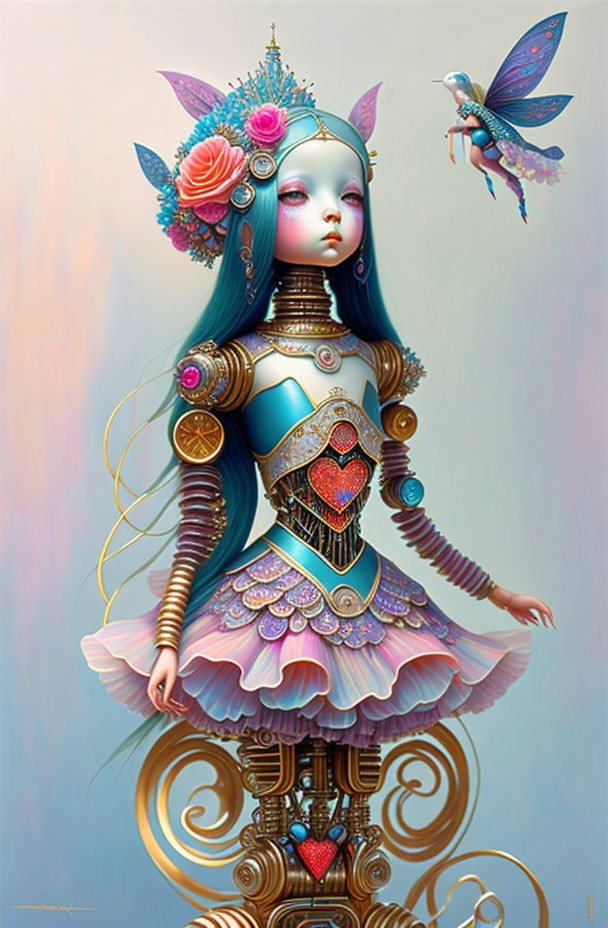 Fantasy illustration of mechanical doll with blue hair and heart-shaped glass panel