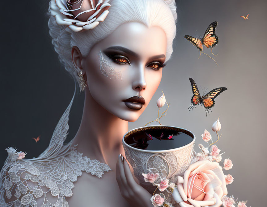 Pale woman with white hair and roses holding a decorative cup with butterflies - serene and fantastical aura