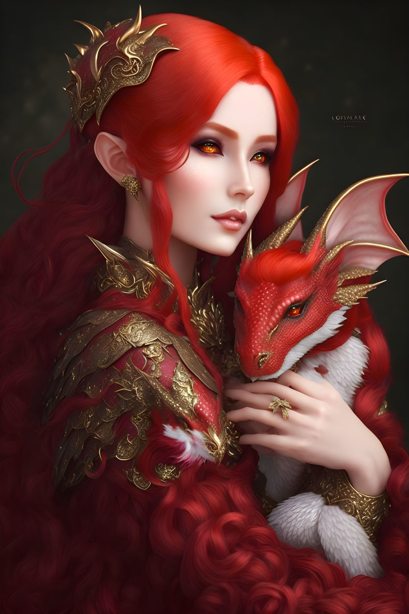 Vibrant illustration of woman with red hair, golden crown, holding mythical fox-like creature