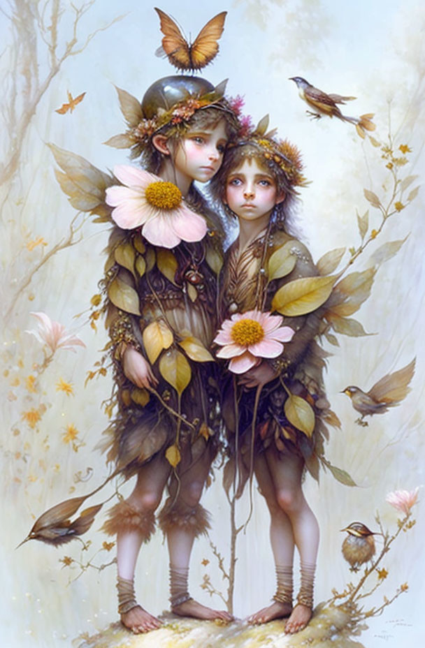 Whimsical fairies with flowers and birds on light background