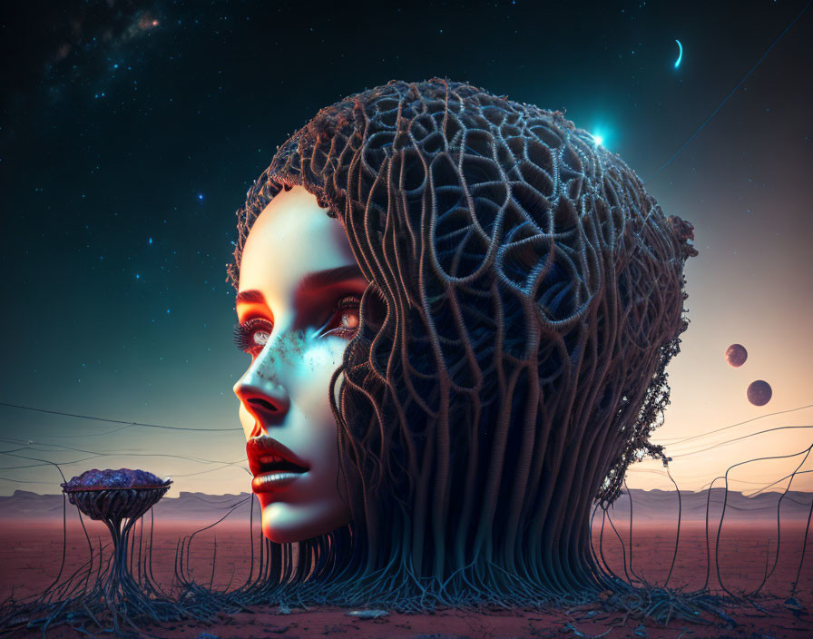 Woman with tree-like hair in surreal desert landscape with planets and crescent moon