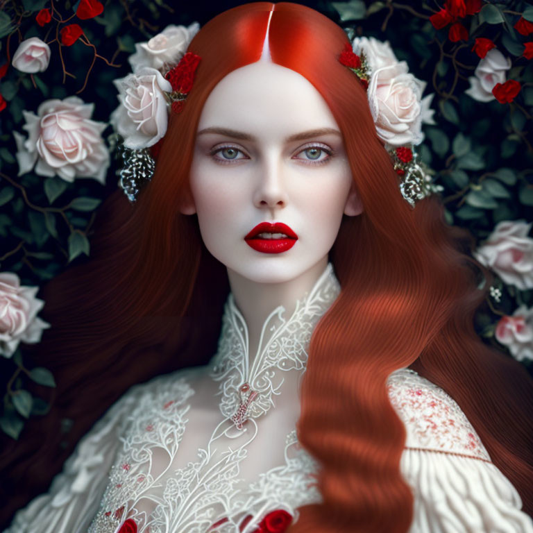 Red-haired woman in floral headpiece and lace gown among red roses