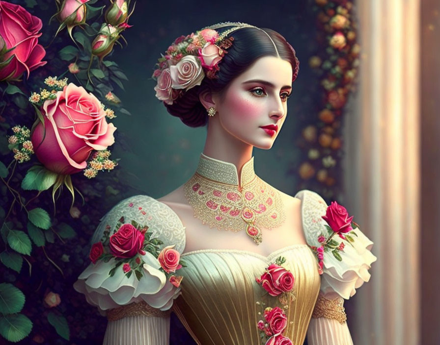 Digital Art: Woman in Victorian Dress with Roses and Jewelry