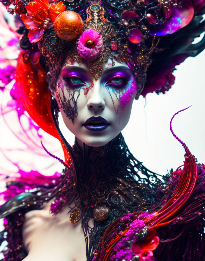 Elaborate Fantasy Makeup with Vibrant Floral Headpiece