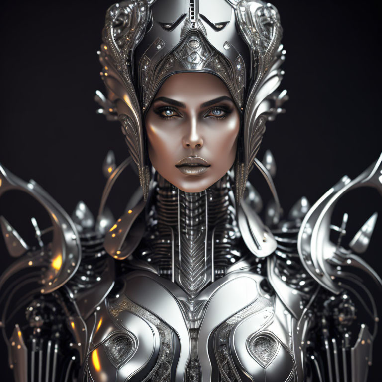 Detailed Portrait of Female Humanoid Robot in Silver and Gray Armor