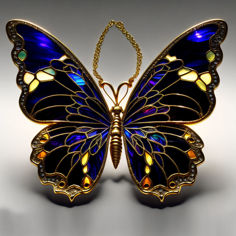 Luxurious Butterfly-Shaped Pendant with Gold Outlines and Blue/Purple Enamel Wings