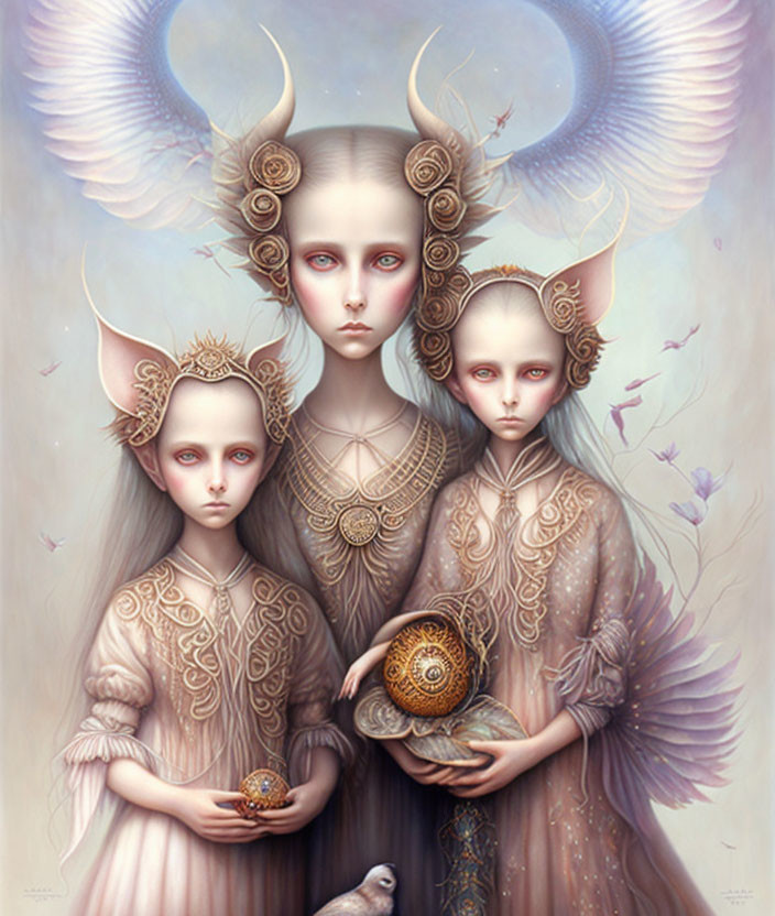 Three pale figures with ornate horns and wings, one holding a spherical object, surrounded by floral elements