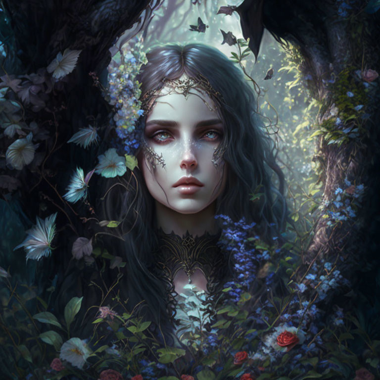 Enchanted forest portrait of a pale woman with a crown and butterflies