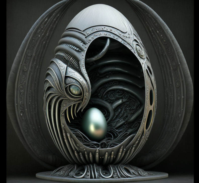 Intricately Designed Metallic Ornamental Egg with Nested Luminous Egg