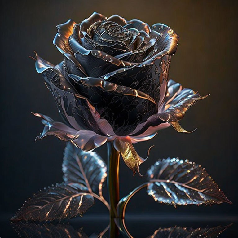 Metallic Black Rose with Patterned Petals on Dark Background