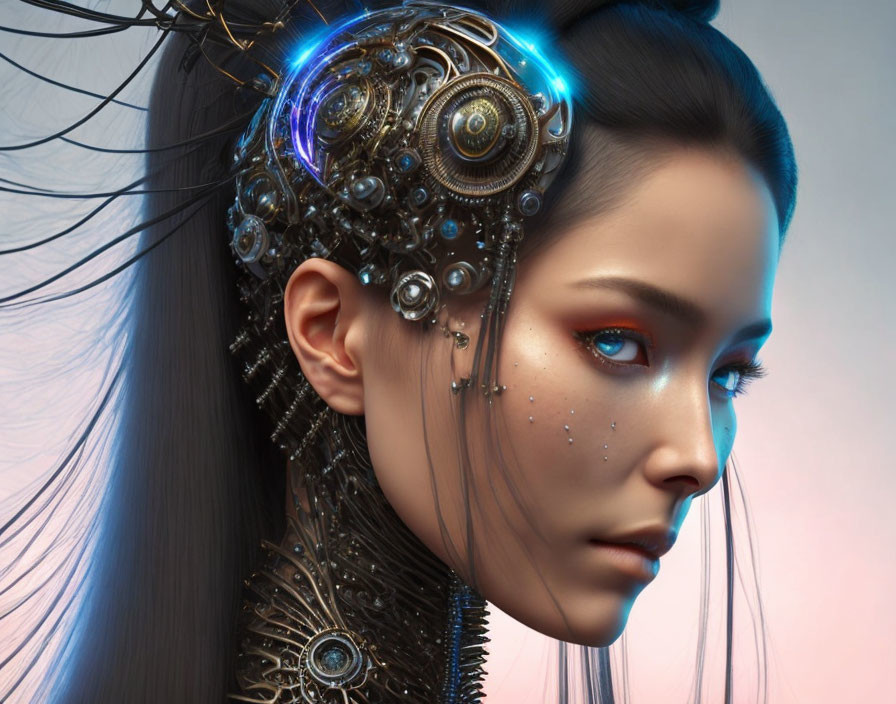 Futuristic female cyborg with intricate mechanical details and glowing blue eyes