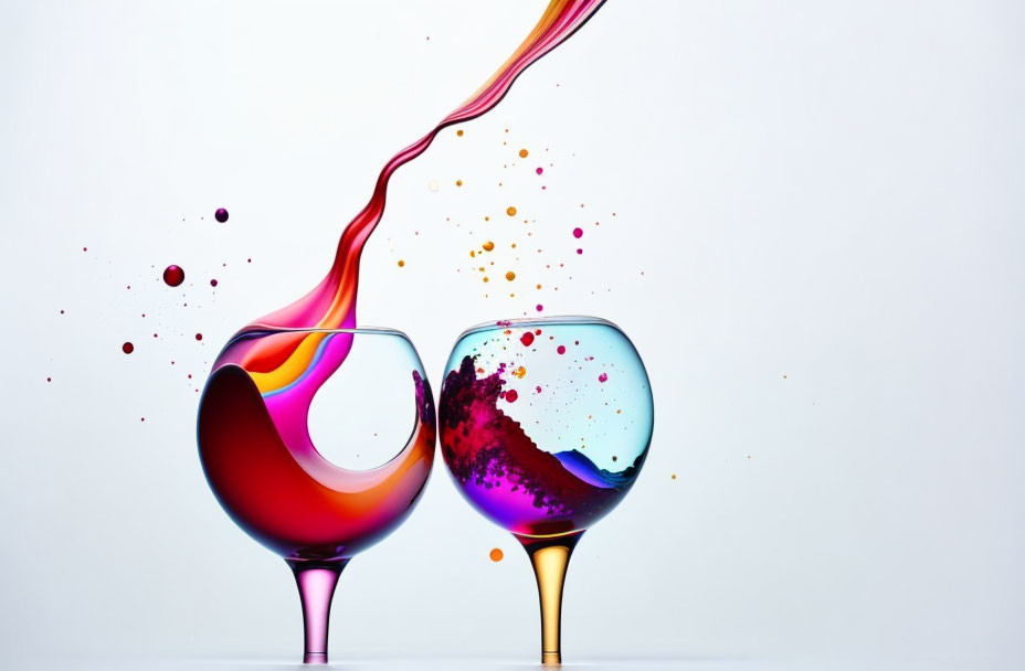 Colorful liquid splashing in wine glasses on white background