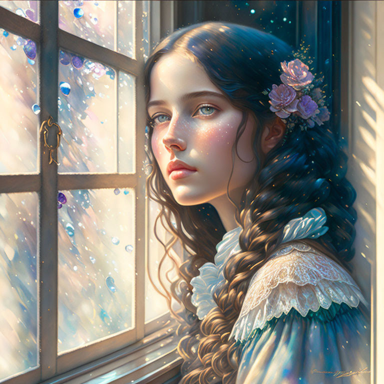 Serene girl with flowers in hair by window, illuminated by sunlight and floating bubbles