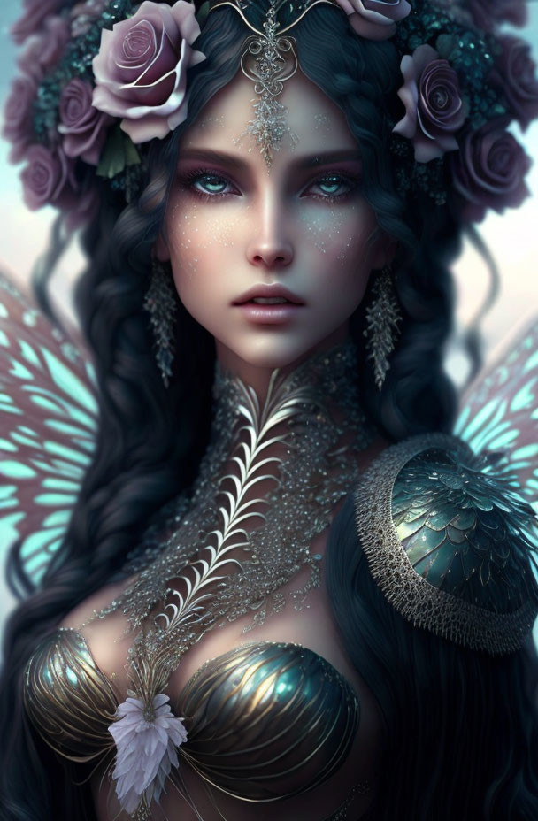 Fantasy character with dark hair, rose flowers, butterfly wings, and mystical aura