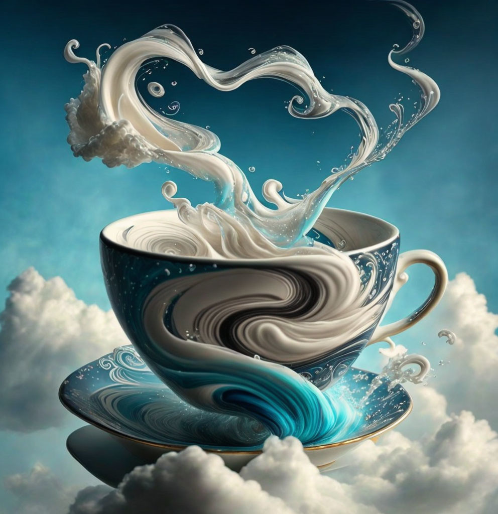 Whimsical cup of liquid with heart-shaped splash on sky-blue background