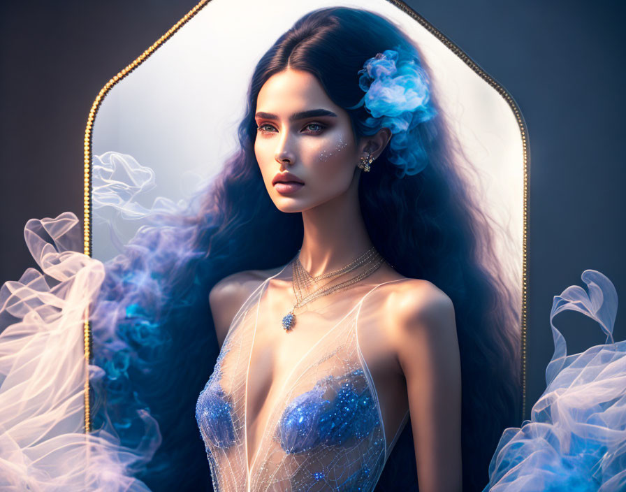 Surreal portrait of woman with blue flowers, ethereal smoke, and translucent dress in elegant mirror