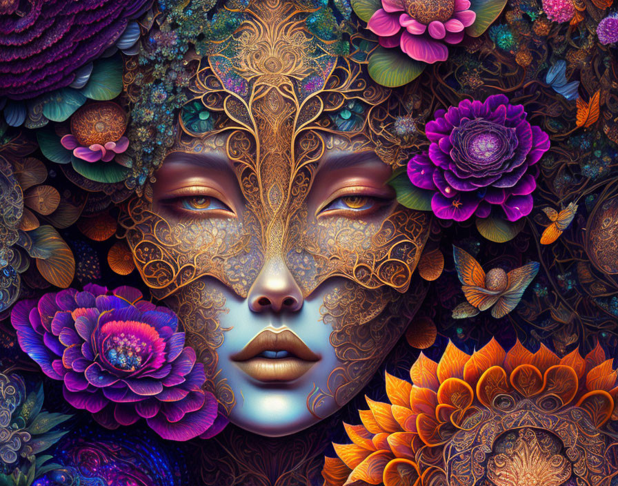 Colorful Woman's Face with Golden Patterns and Flowers