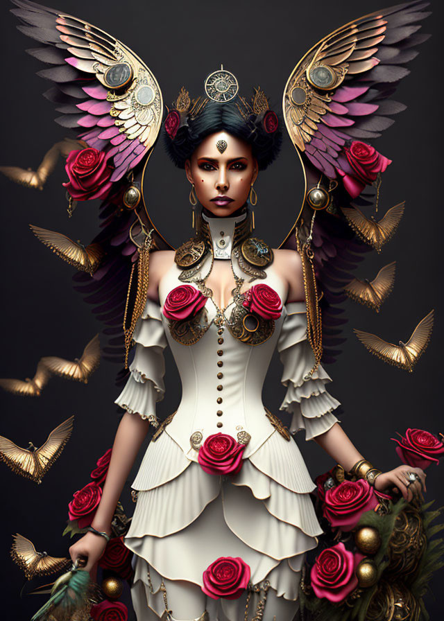 Mystical woman with ornate wings, gold, roses, and jewelry