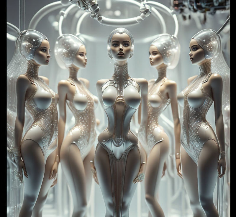 Futuristic mannequins with robotic features in dimly lit setting