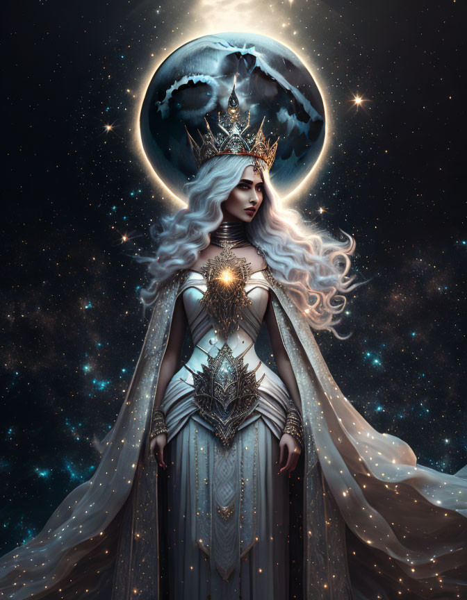 Silver-haired fantasy queen in star-lit gown under full moon