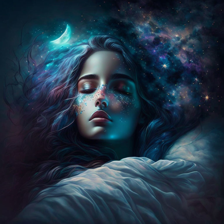 Woman sleeping surrounded by cosmic elements and crescent moon.