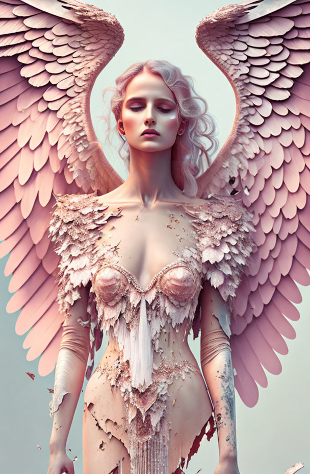 Surreal portrait of woman with feathered wings and ethereal outfit