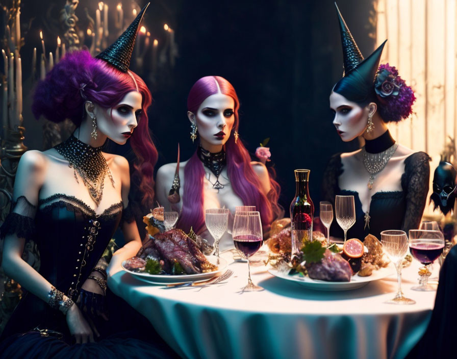 Three individuals with vibrant purple hair in gothic attire at a decadent dinner table.