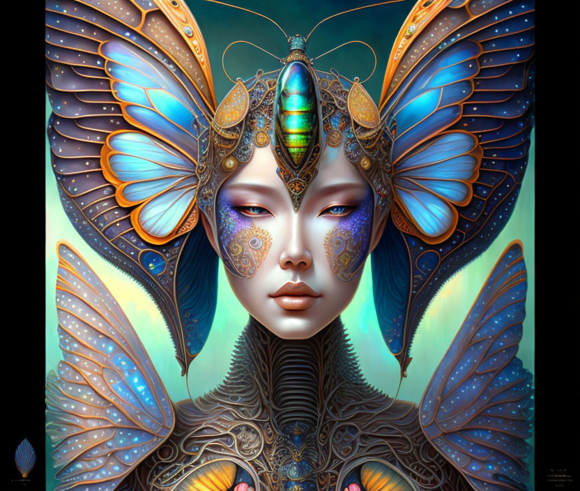 Digital artwork of a woman with butterfly features, vibrant wings, and ornate face patterns