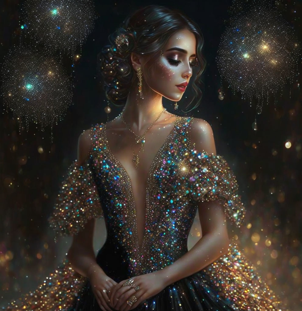 Elaborate attire and makeup on woman with twinkling starry background