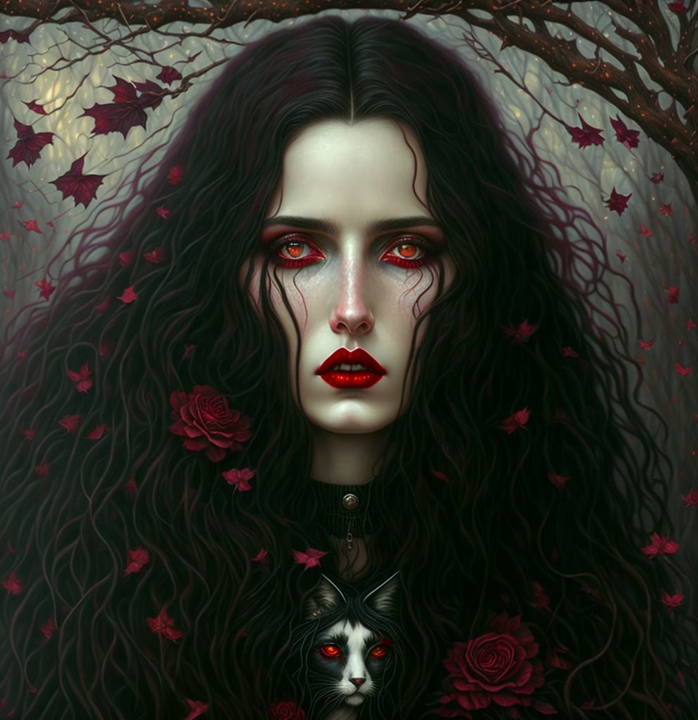 Pale-skinned woman with dark curly hair, red eyes, red leaves, roses, and white-faced