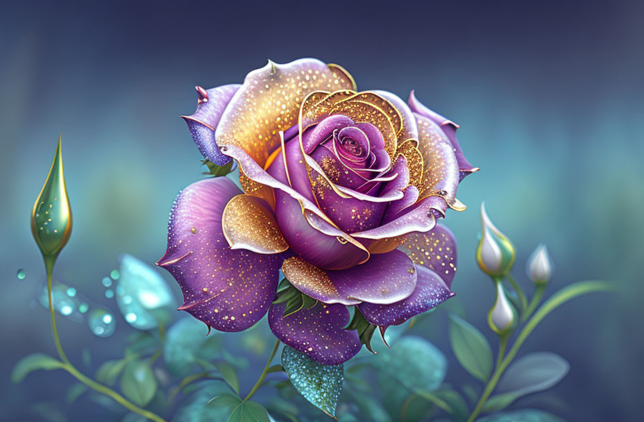 Sparkling purple and gold rose with dewdrops in digital illustration