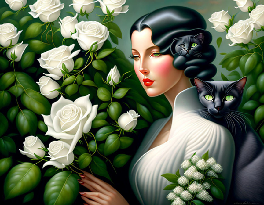 Illustration of woman with black cat among green leaves and white roses