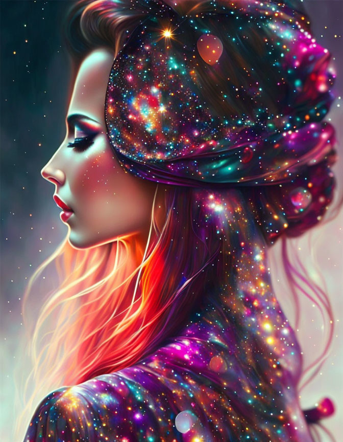 Woman with starry cosmic patterns in hair and skin on dark background