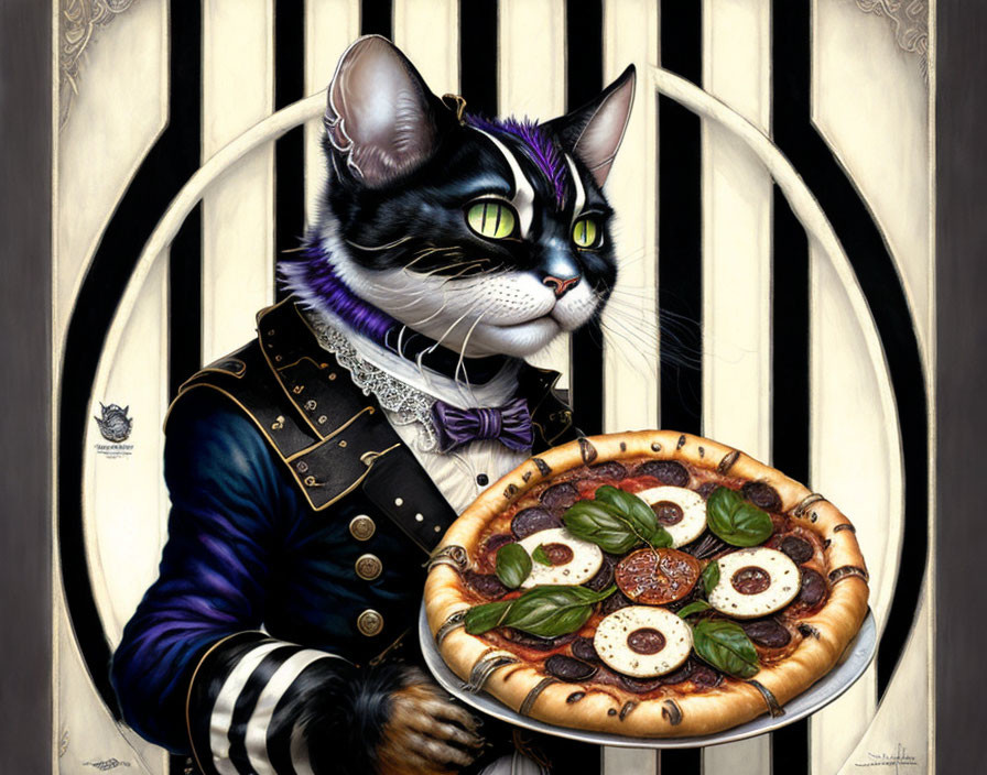 Black and white cat in Victorian suit with pizza topped with greens and sausage