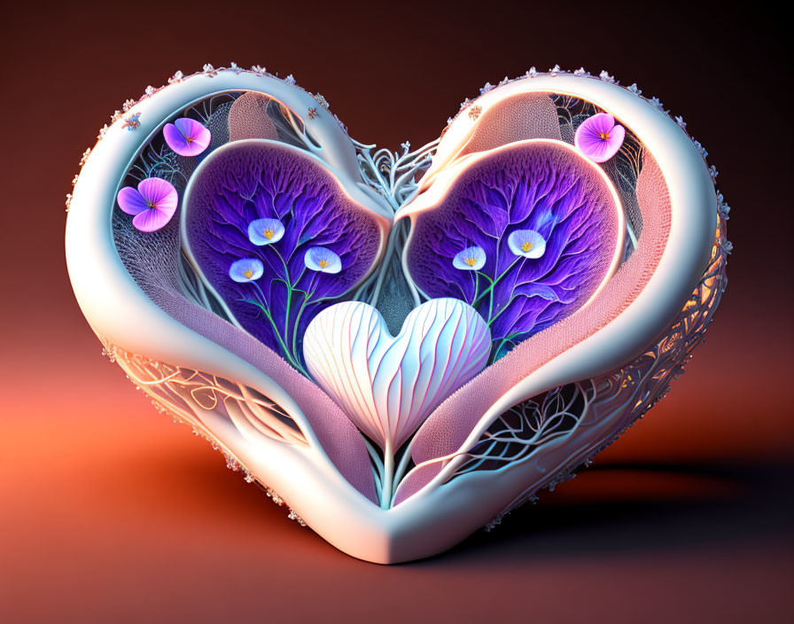 Heart-shaped structure with tree-like patterns and purple flowers on warm background