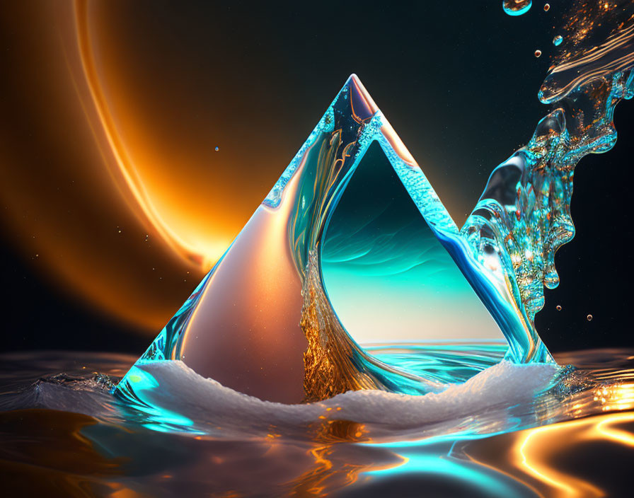 Surreal digital artwork: Crystal structure in water with cosmic sunset.