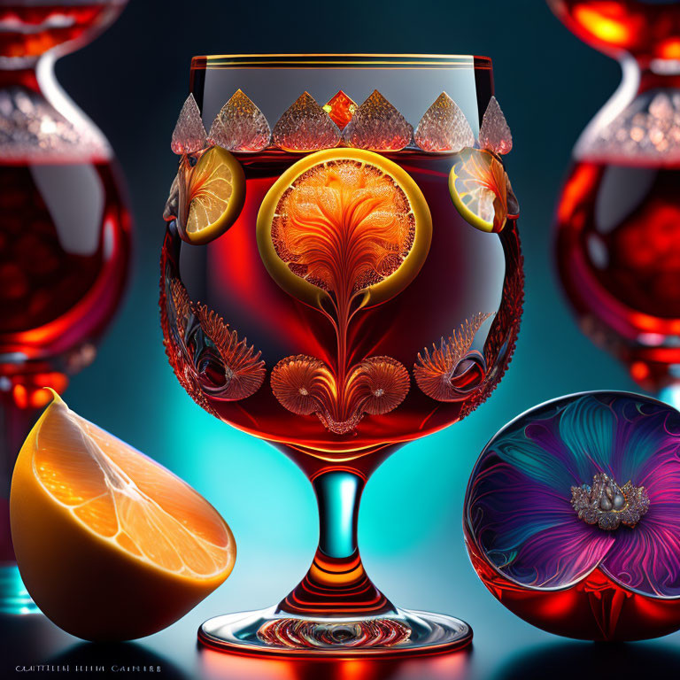 Colorful digital artwork of decorated glass with citrus slices on reflective surface