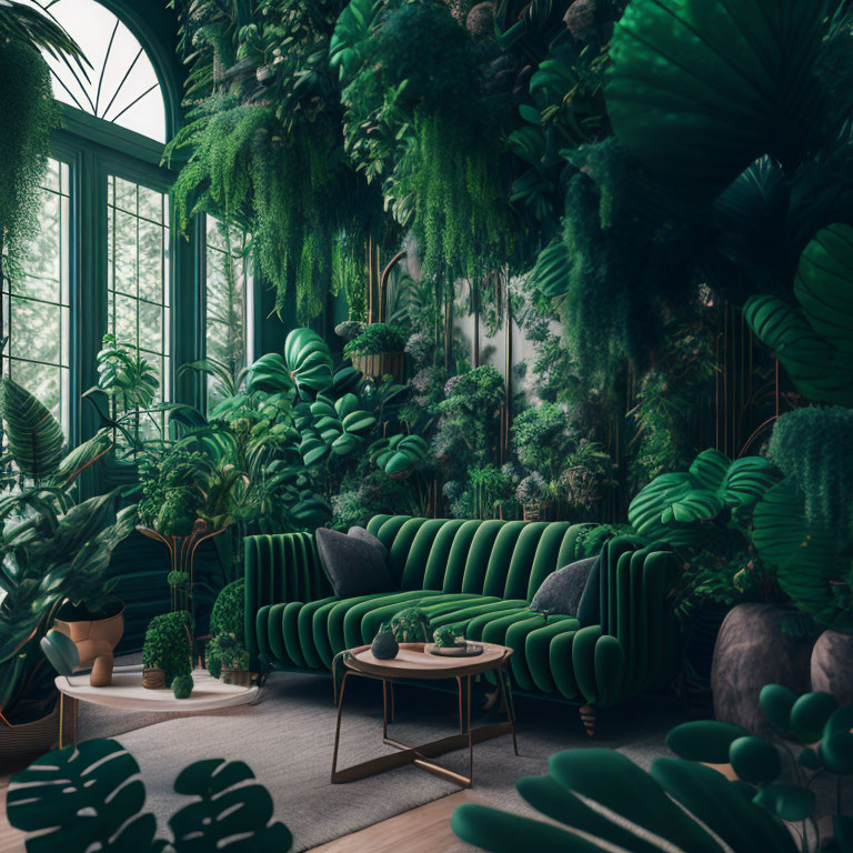 Green Velvet Sofa Surrounded by Potted Plants and Greenery