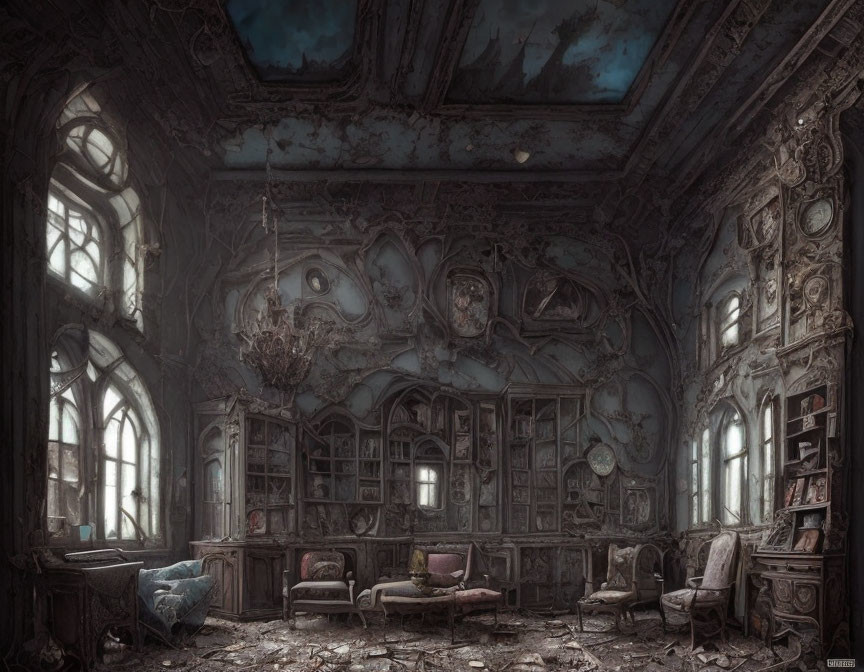 Decrepit ornate room with peeling walls and shattered windows