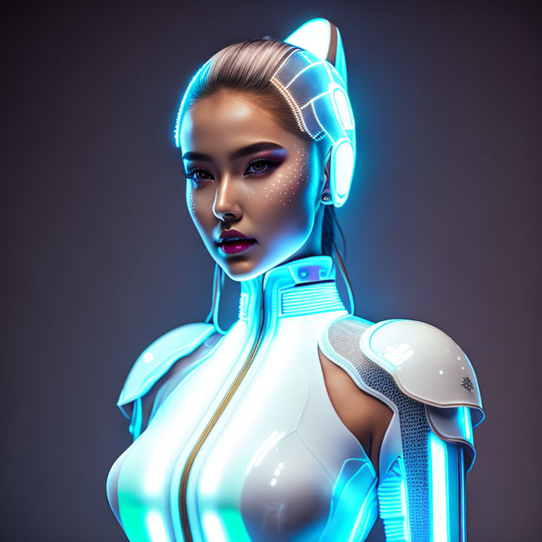 Futuristic woman with blue cybernetic enhancements and headphones on dark background