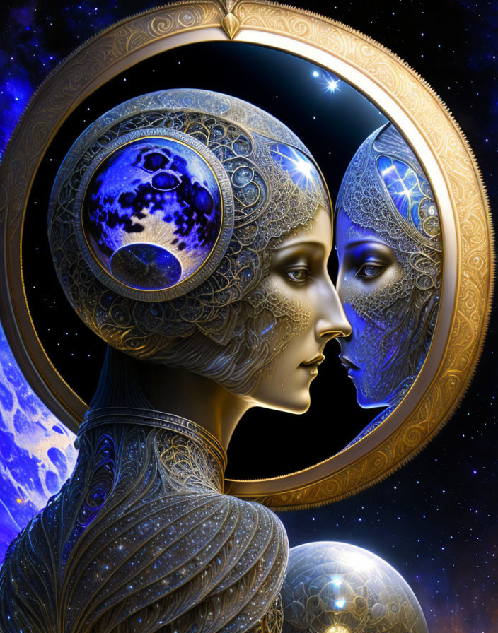 Surreal digital artwork: Merged profile faces with metallic designs on starry space backdrop