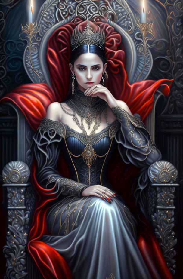 Regal woman in red-and-silver gown on gothic throne