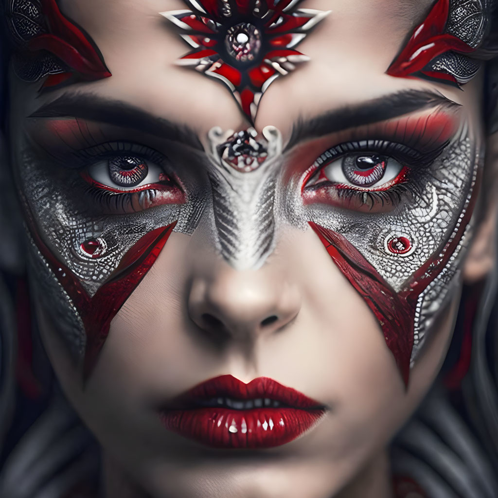 Woman with Red and Silver Face Paint and Intense Red Eyes