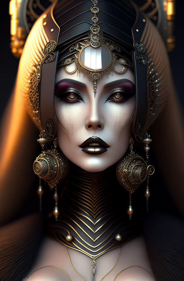 Elaborate gold and black headgear on a digital artwork.