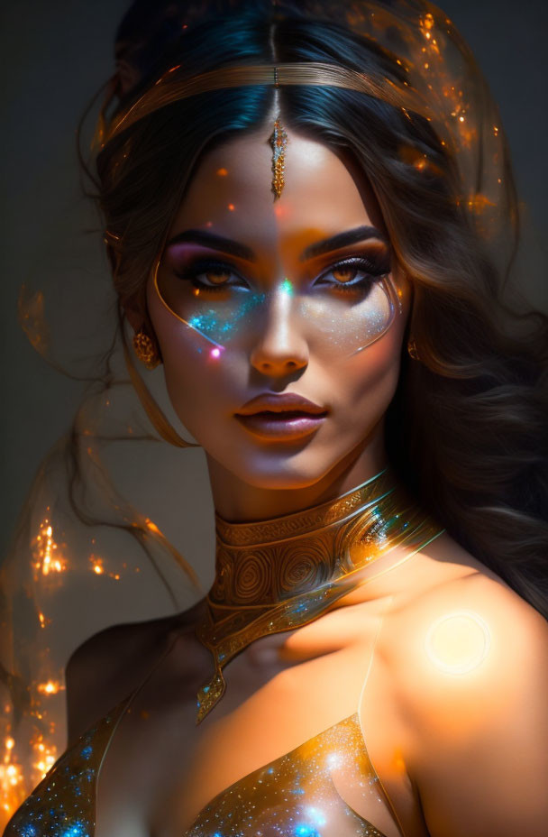 Cosmic-themed makeup with holographic adornments and enchanting gaze in golden light