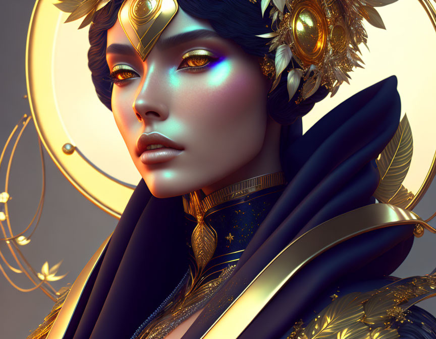 Regal female figure with metallic blue skin in ornate gold attire against crescent moon.